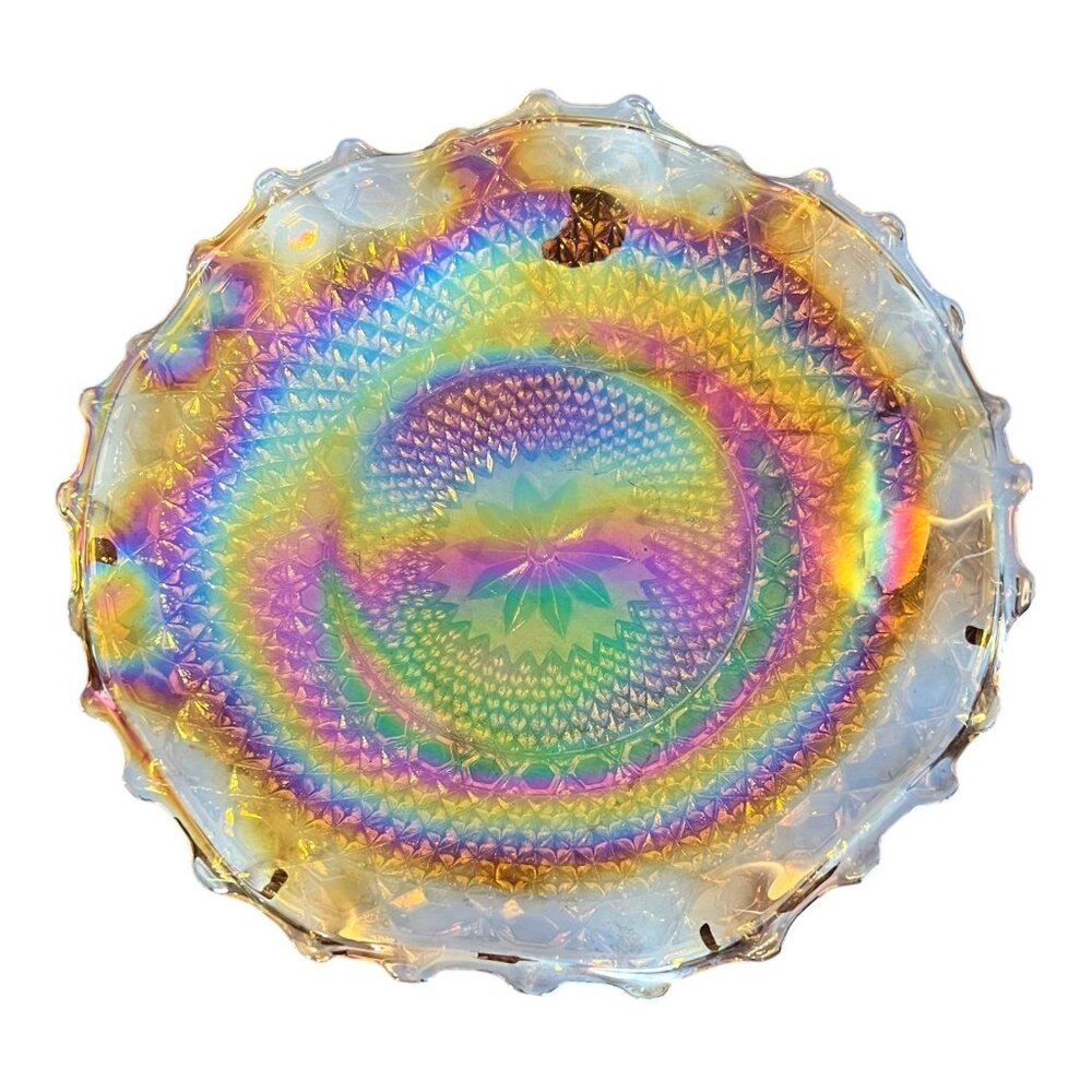 Vintage Carnival Glass Ruffled Bowl 10" Diameter Iridescent Gold Tone Hobnail